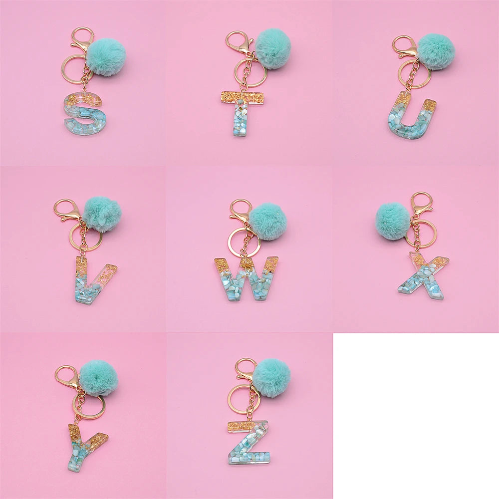 Initials Letter Key Pendant With Green Fluffy Pompom